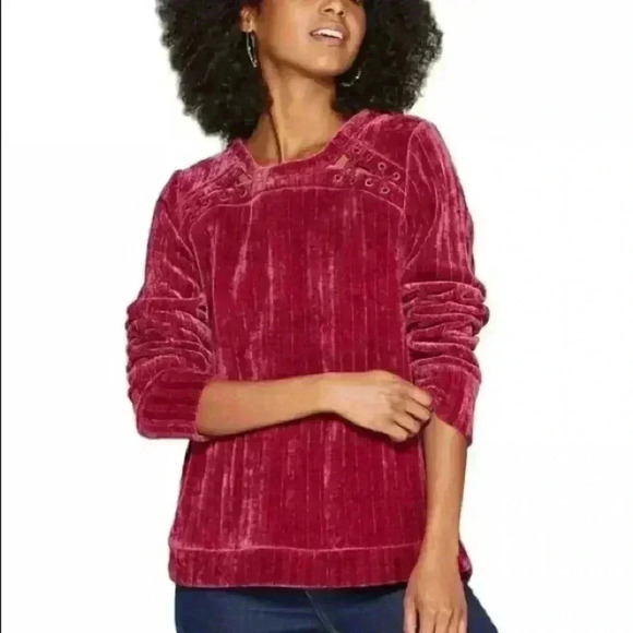 Knox Rose | Red Chenille Sweater w/Crisscross Laces Detail at Shoulders - Picture 1 of 6